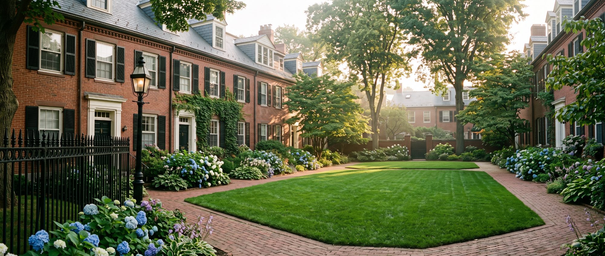 Well-kept brick condominium courtyard with hydrangeas, iron fence and lamp post, Cambridge MA