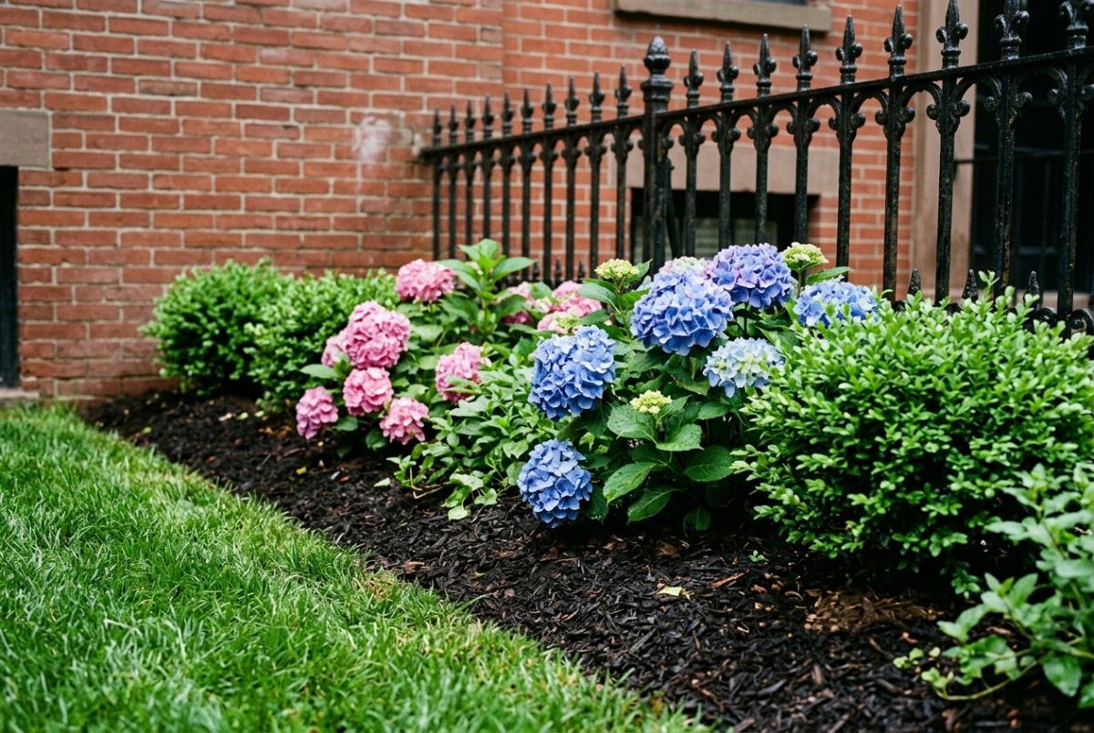Freshly mulched hydrangea and boxwood bed along a brick wall at a Boston condo property