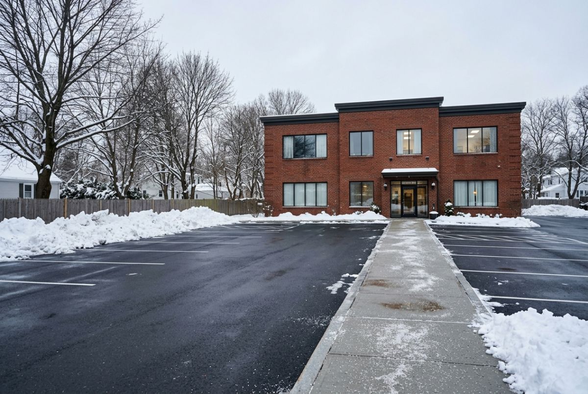 Plowed and salted parking lot at a brick office building in Medford after a snowstorm