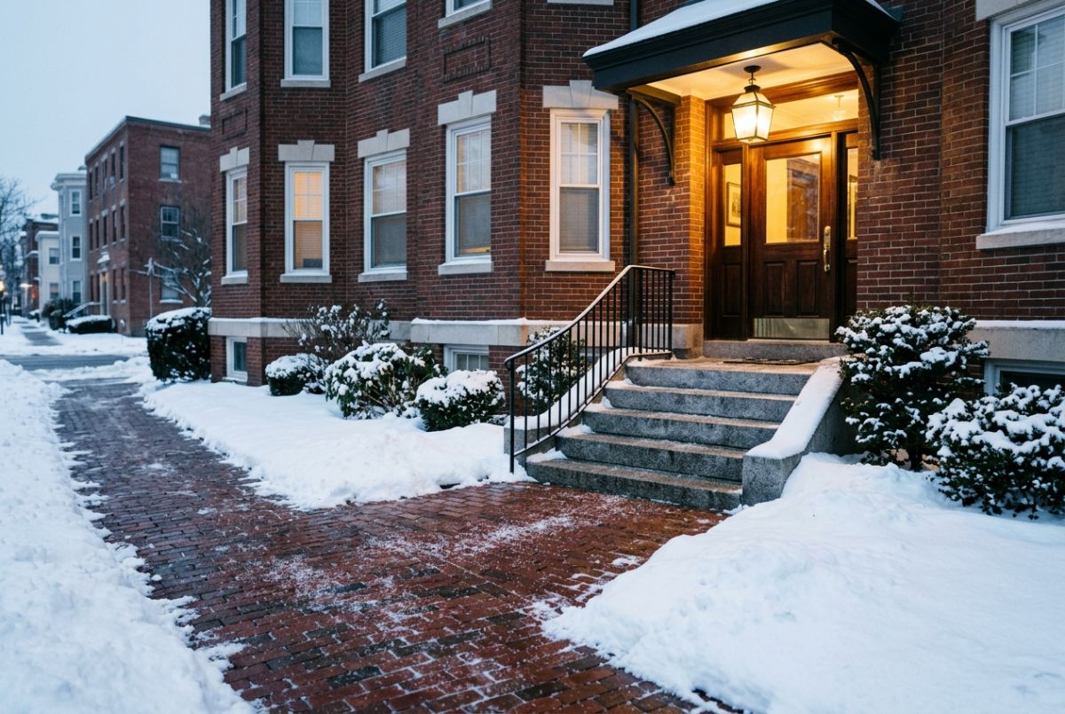 Shoveled and salted brick entry steps at a Somerville multi-family building after a snowstorm
