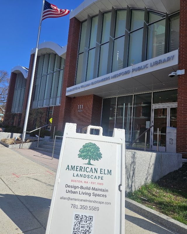 American Elm Landscape sign in front of the Medford Public Library